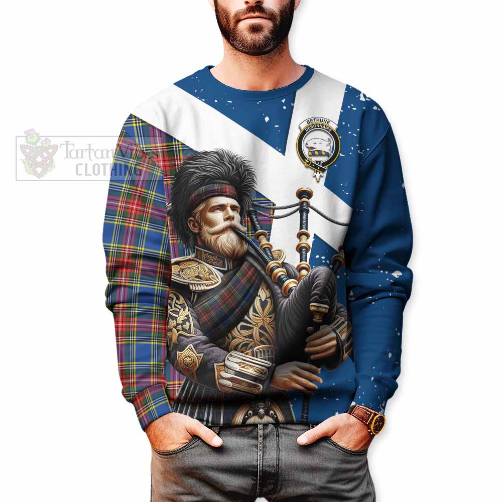 Tartan Vibes Clothing Bethune Tartan Sweatshirt with Family Crest Scottish Bagpiper Vibes