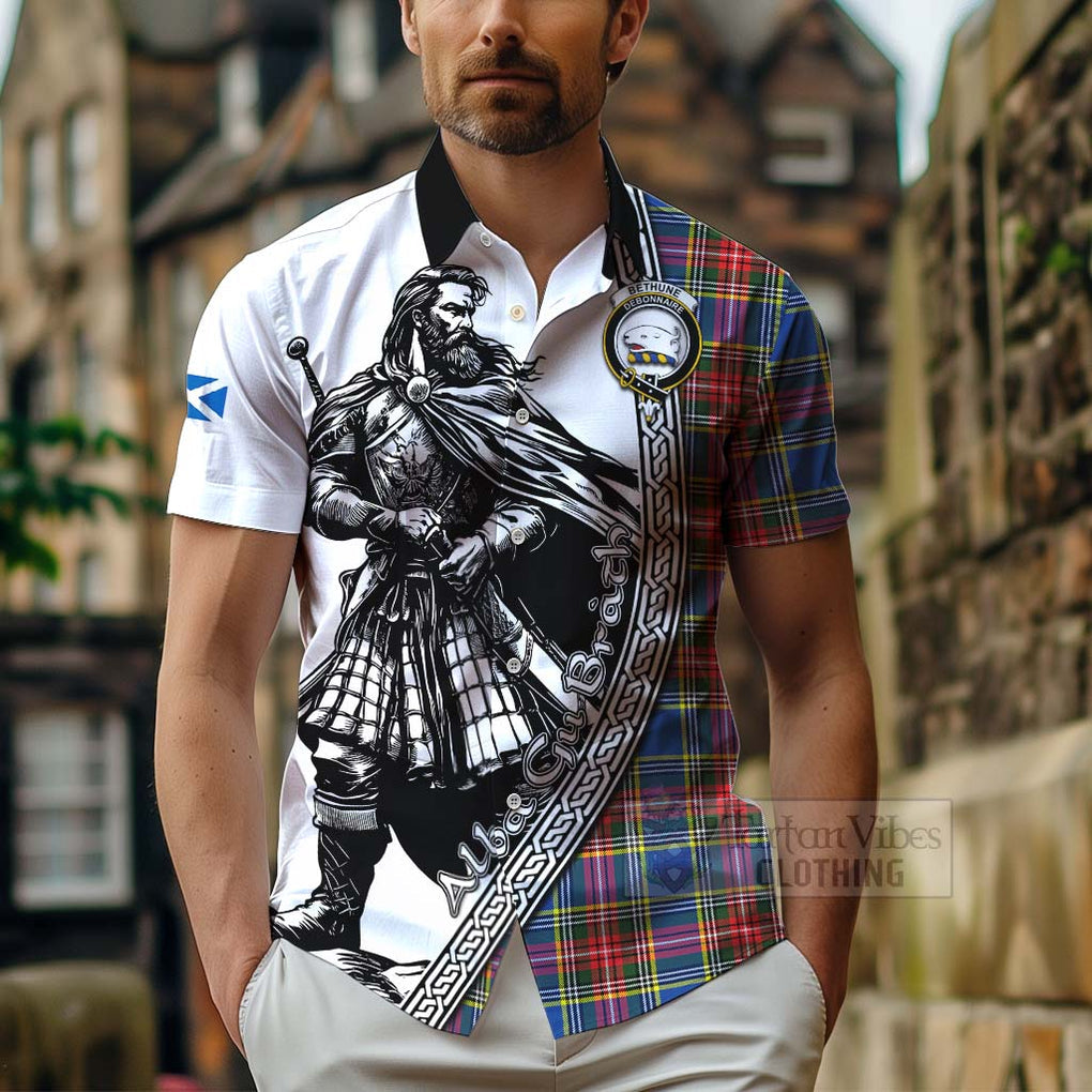 Tartan Vibes Clothing Bethune Tartan Clan Crest Short Sleeve Button Shirt with Highlander Warrior Celtic Style