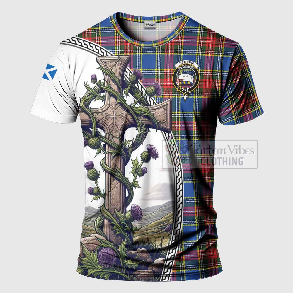 Tartan Vibes Clothing Bethune Agnew Tartan T-Shirt with Family Crest and St. Andrew's Cross Accented by Thistle Vines