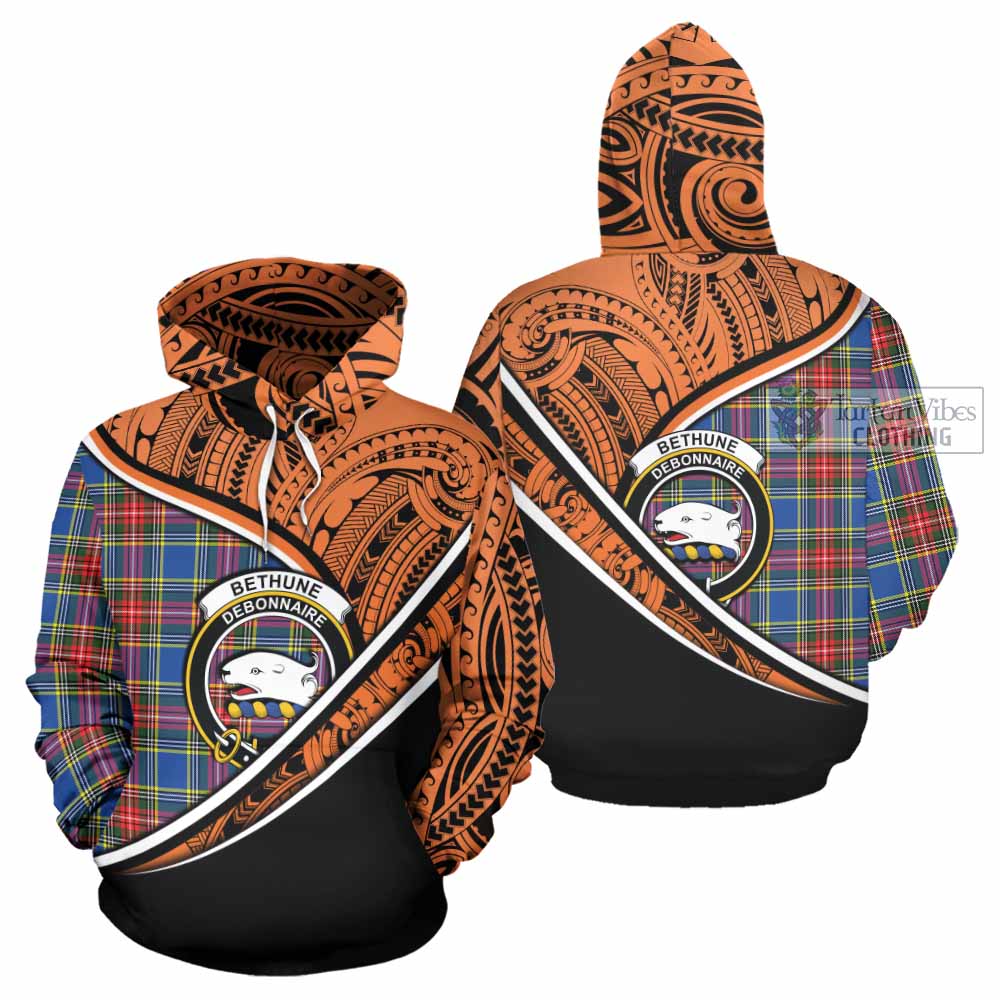 Tartan Vibes Clothing Bethune Crest Tartan Hoodie with Maori Tattoo Style - Orange Version