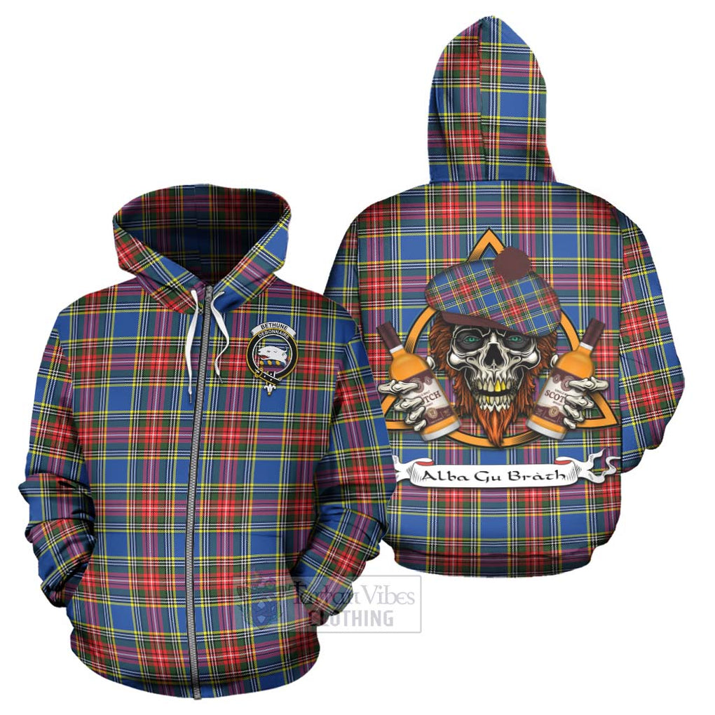 Tartan Vibes Clothing Bethune Tartan Hoodie with Family Crest and Bearded Skull Holding Bottles of Whiskey