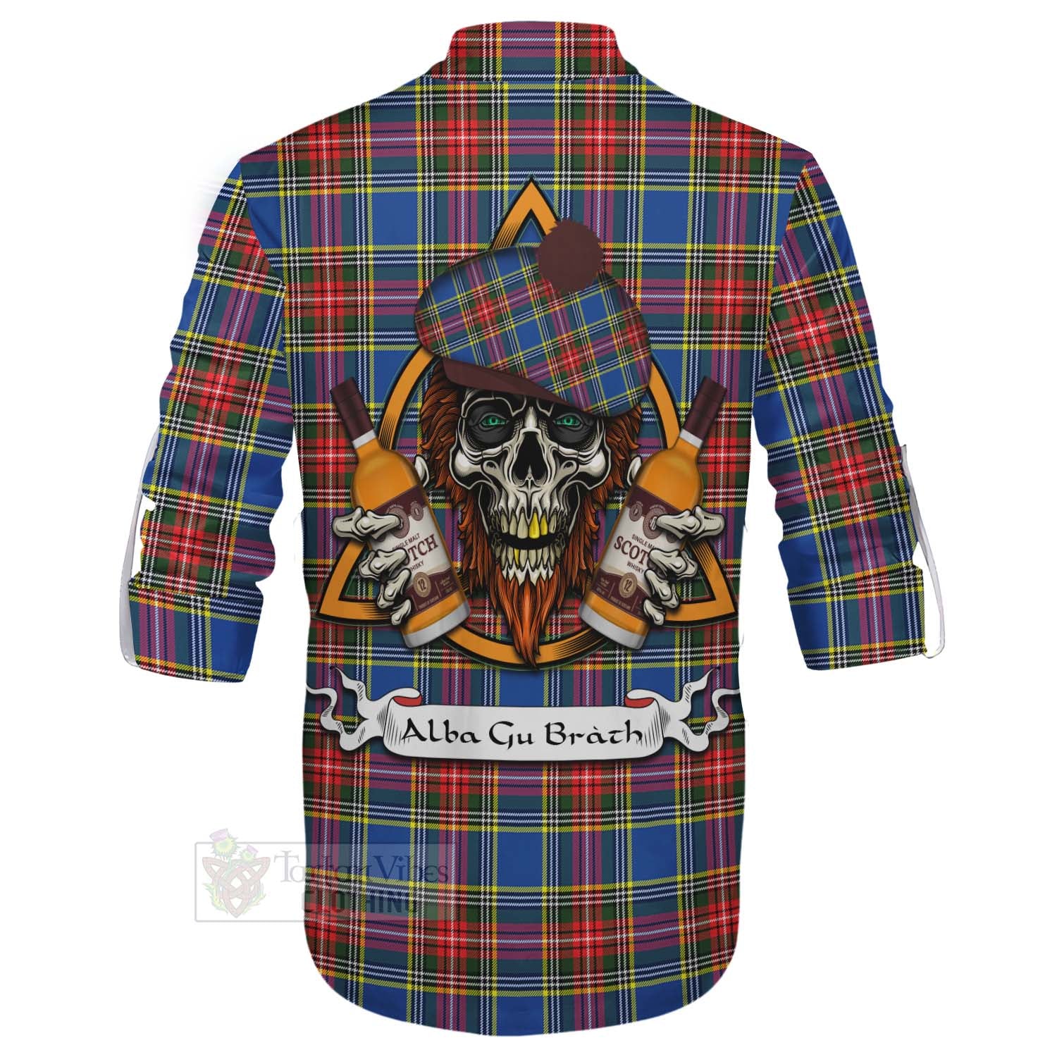 Tartan Vibes Clothing Bethune Tartan Ghillie Kilt Shirt with Family Crest and Bearded Skull Holding Bottles of Whiskey