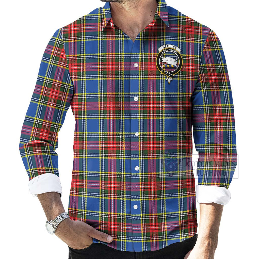 Tartan Vibes Clothing Bethune Tartan Long Sleeve Button Shirt with Family Crest and Bearded Skull Holding Bottles of Whiskey