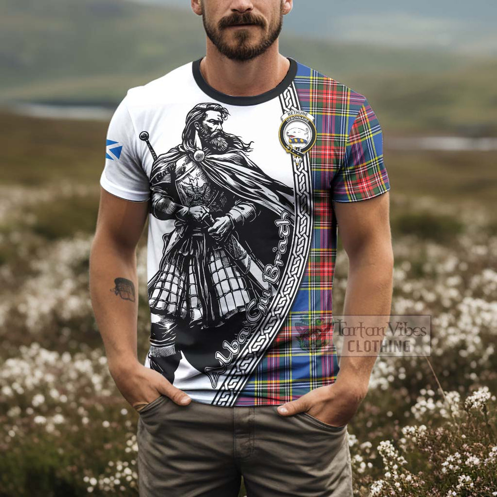 Tartan Vibes Clothing Bethune Tartan Clan Crest T-Shirt with Highlander Warrior Celtic Style