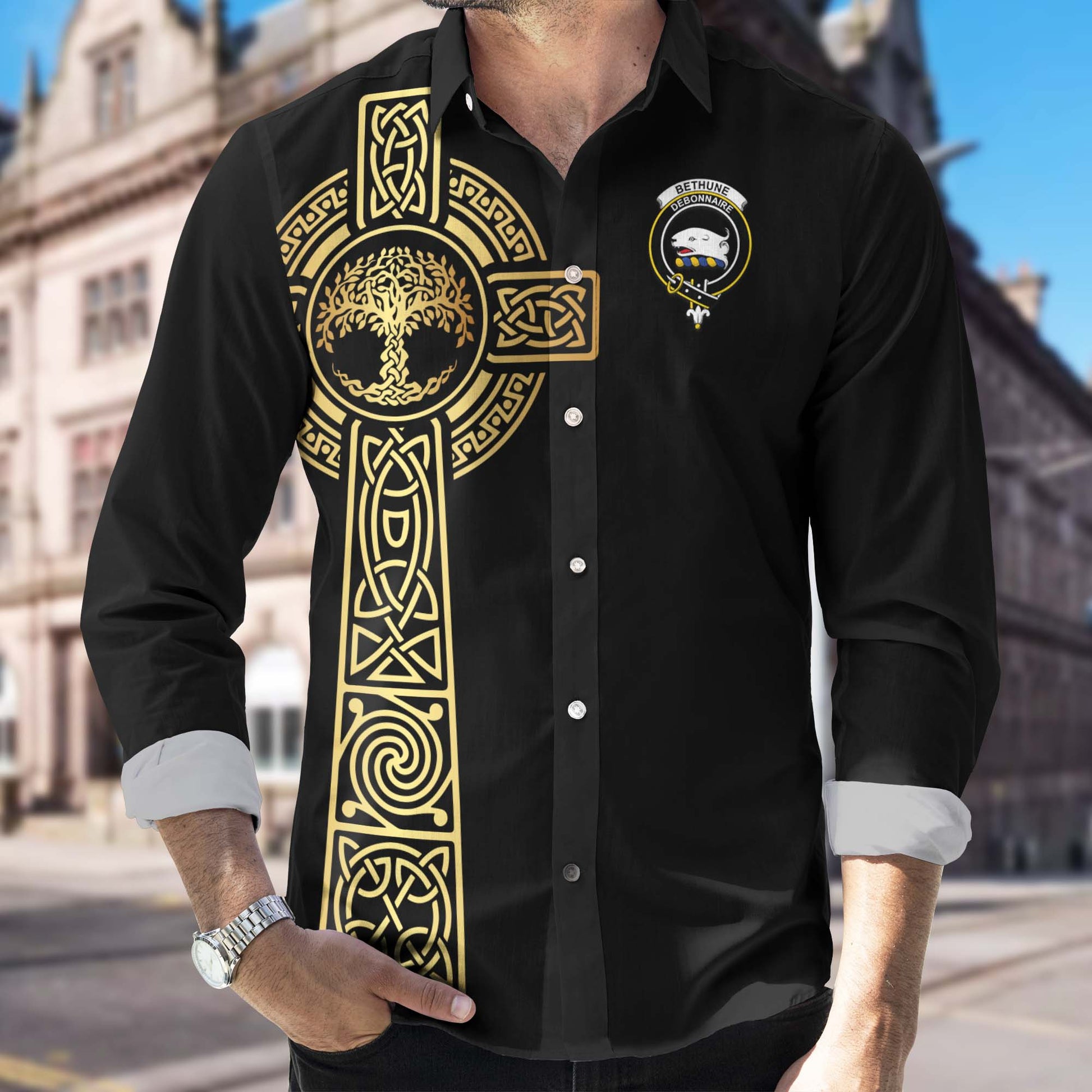 Bethune Clan Mens Long Sleeve Button Up Shirt with Golden Celtic Tree Of Life - Tartanvibesclothing