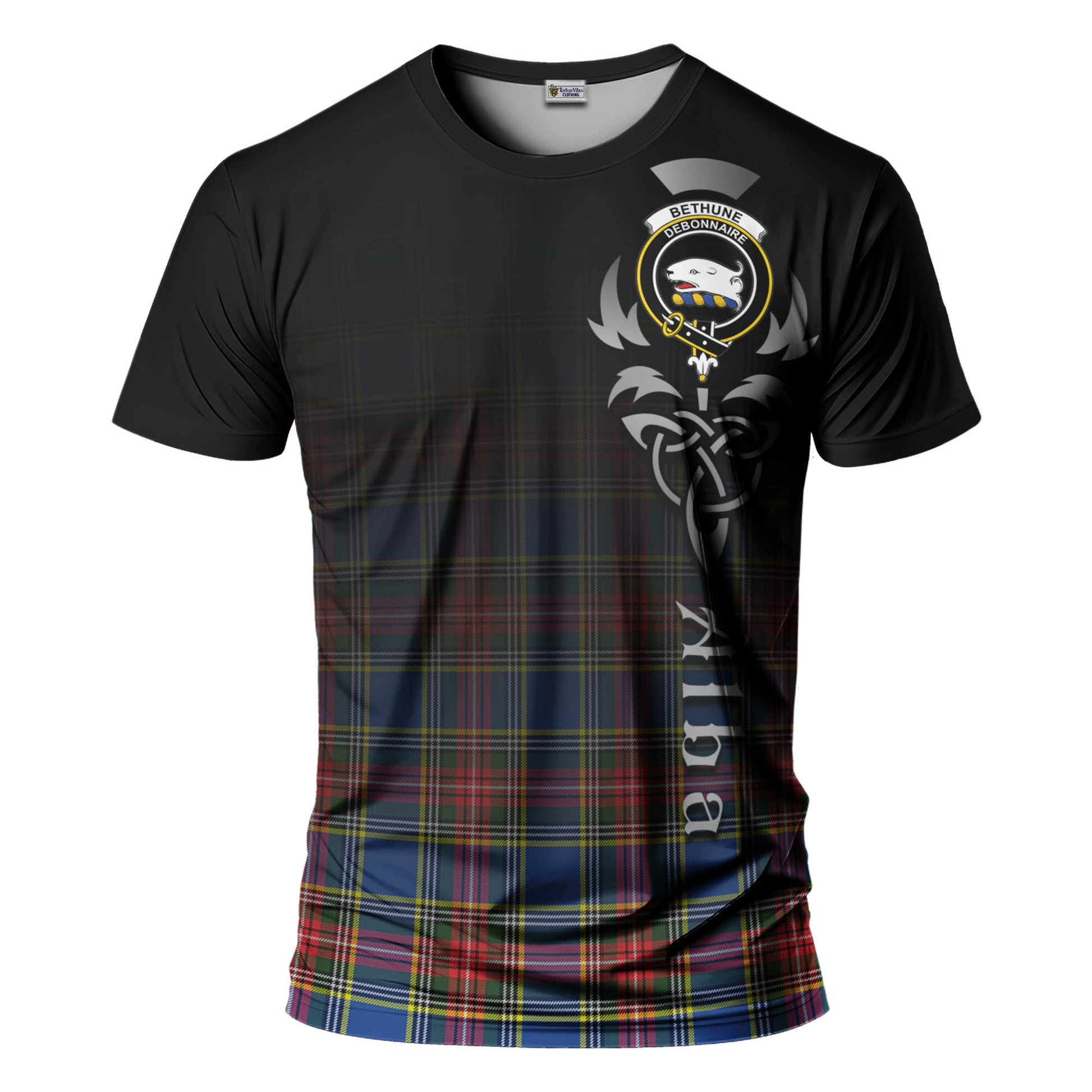 Tartan Vibes Clothing Bethune Tartan T-Shirt Featuring Alba Gu Brath Family Crest Celtic Inspired