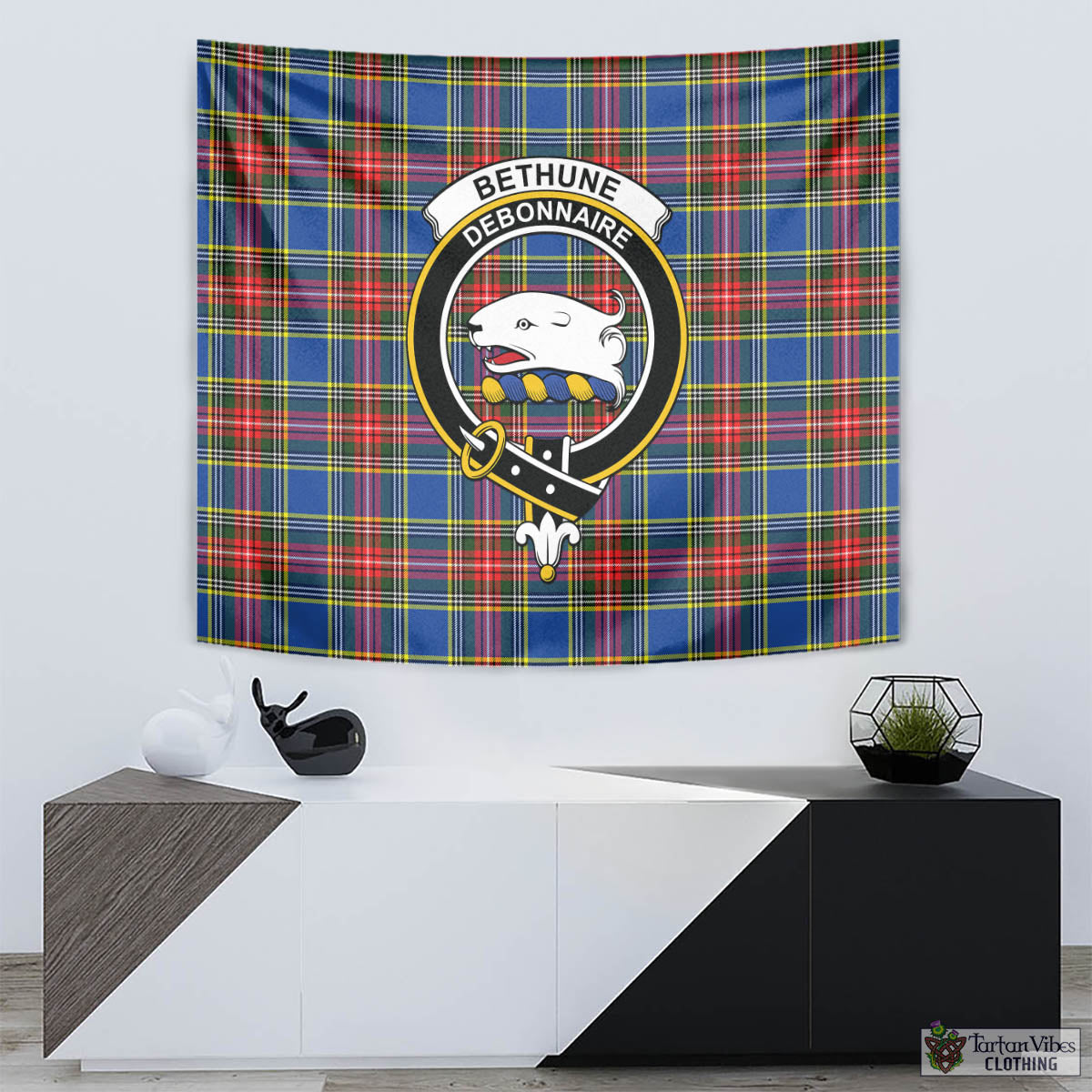 Tartan Vibes Clothing Bethune Tartan Tapestry Wall Hanging and Home Decor for Room with Family Crest