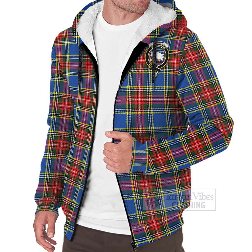 Tartan Vibes Clothing Bethune Tartan Sherpa Hoodie with Family Crest and Bearded Skull Holding Bottles of Whiskey