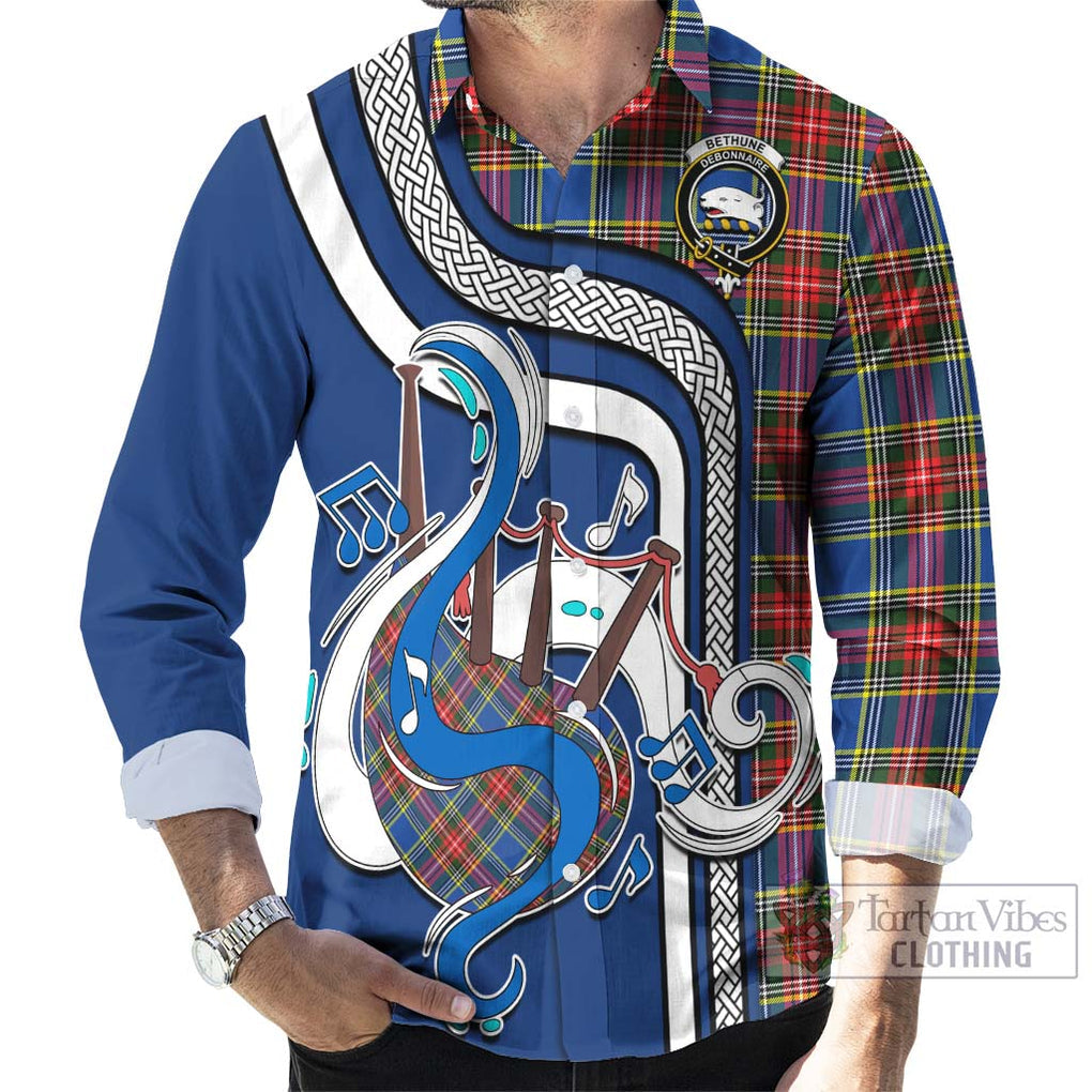 Bethune Tartan Long Sleeve Button Shirt with Epic Bagpipe Style - Tartanvibesclothing Shop