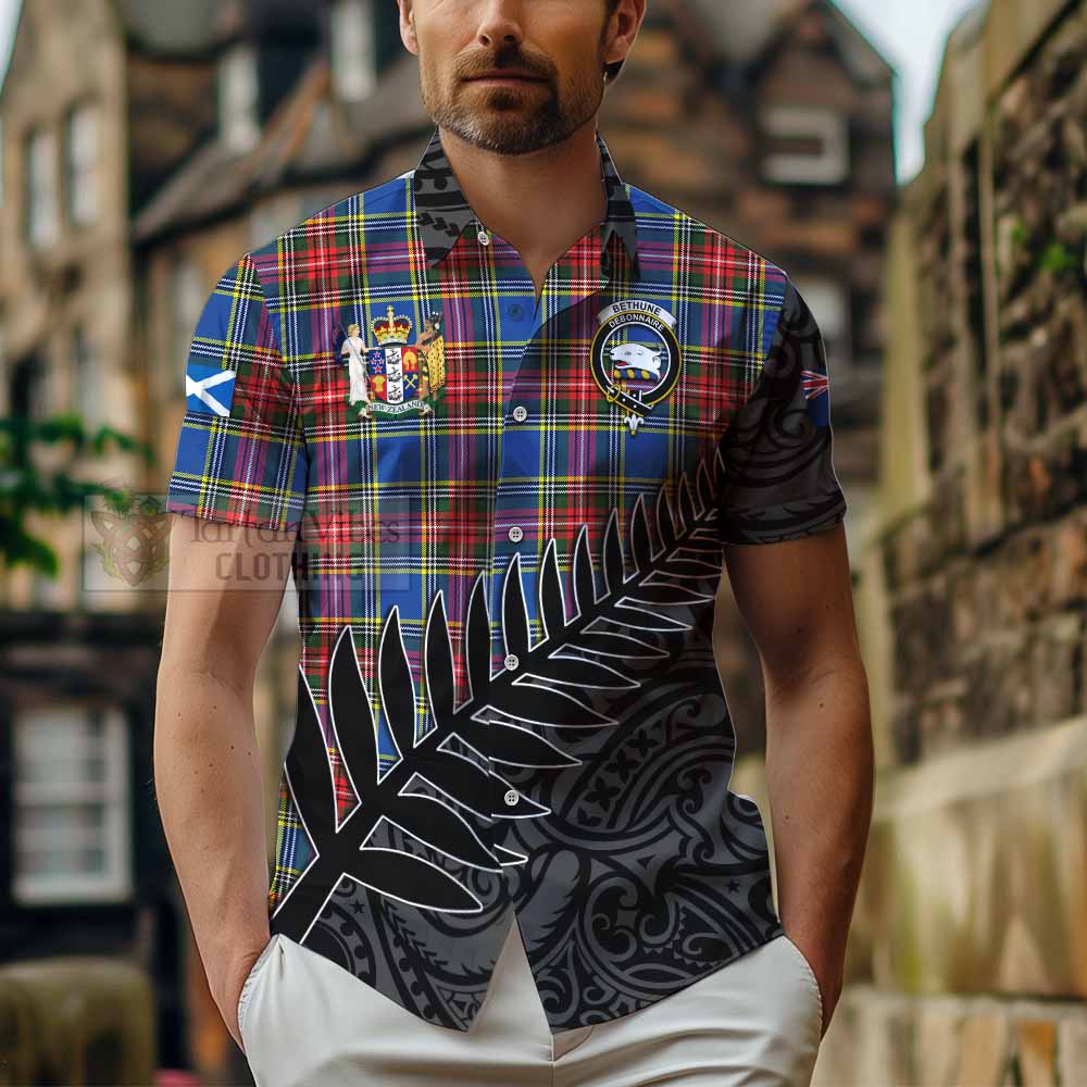 Tartan Vibes Clothing Bethune Crest Tartan Short Sleeve Button Shirt with New Zealand Silver Fern Half Style