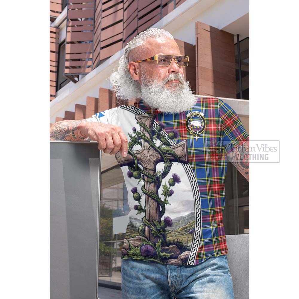 Tartan Vibes Clothing Bethune Tartan Cotton T-shirt with Family Crest and St. Andrew's Cross Accented by Thistle Vines