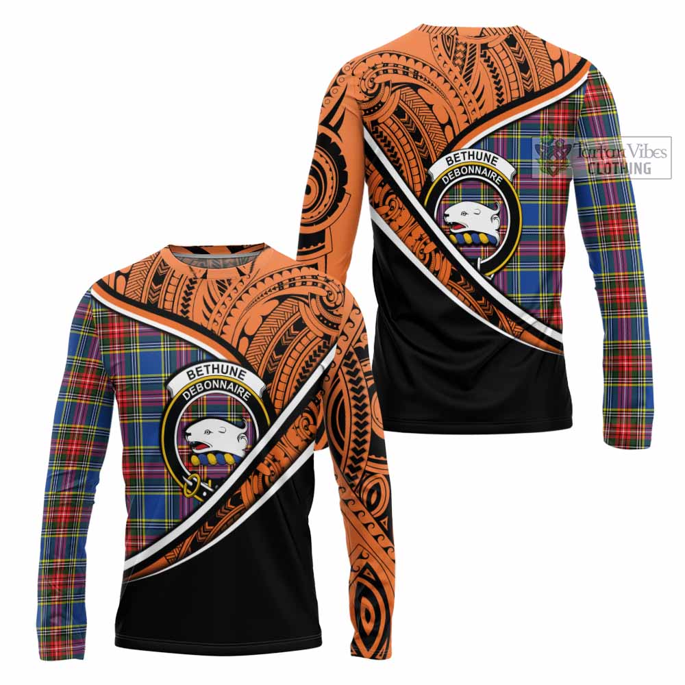 Tartan Vibes Clothing Bethune Crest Tartan Long Sleeve T-Shirt with Maori Tattoo Style - Orange Version