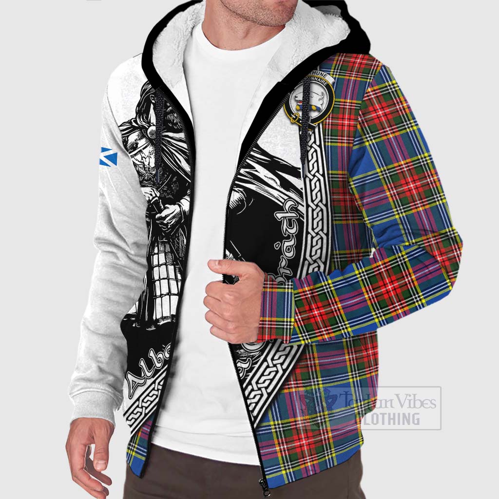 Tartan Vibes Clothing Bethune Tartan Clan Crest Sherpa Hoodie with Highlander Warrior Celtic Style