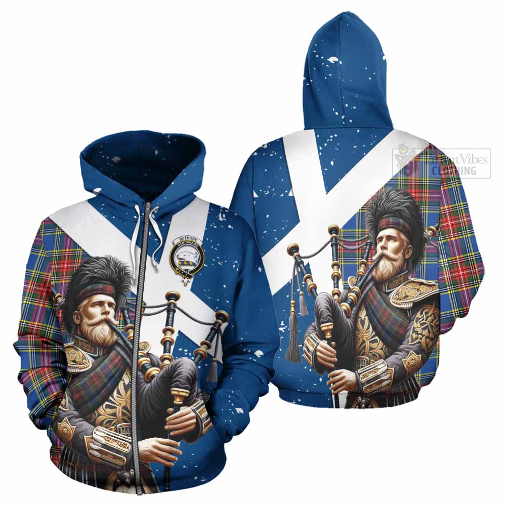 Tartan Vibes Clothing Bethune Tartan Hoodie with Family Crest Scottish Bagpiper Vibes