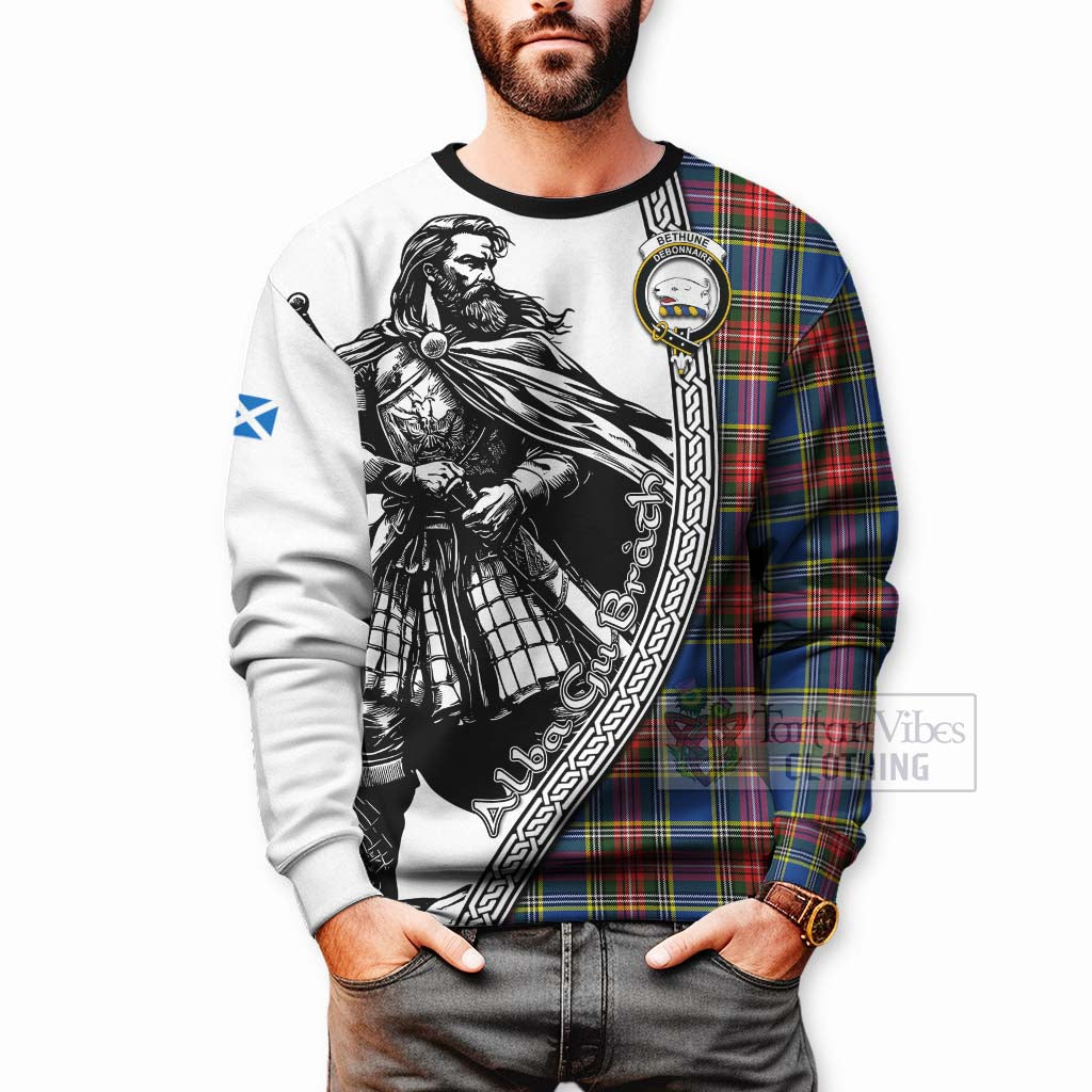 Tartan Vibes Clothing Bethune Tartan Clan Crest Sweatshirt with Highlander Warrior Celtic Style