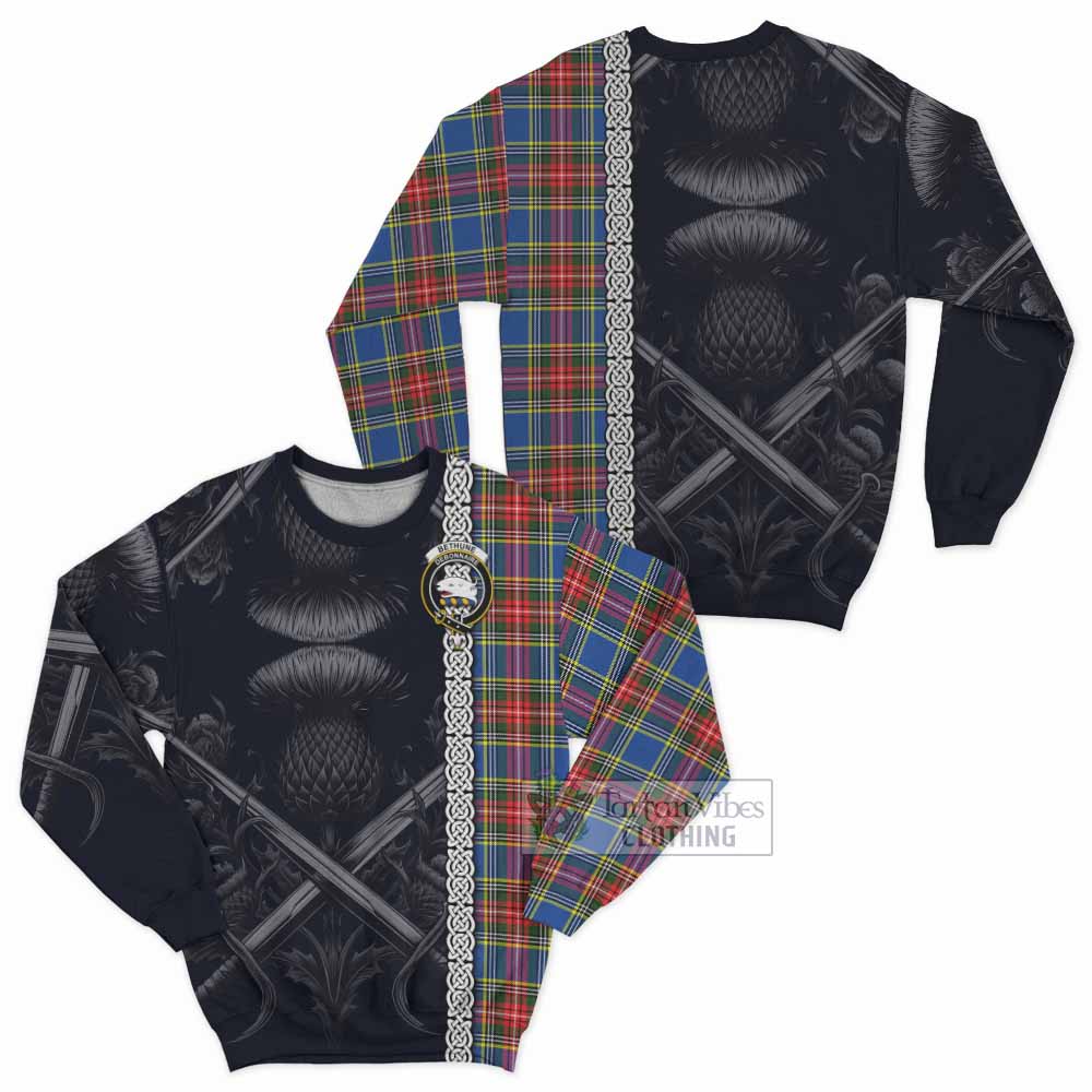 Tartan Vibes Clothing Bethune Tartan Sweatshirt with Family Crest Cross Sword Thistle Celtic Vibes