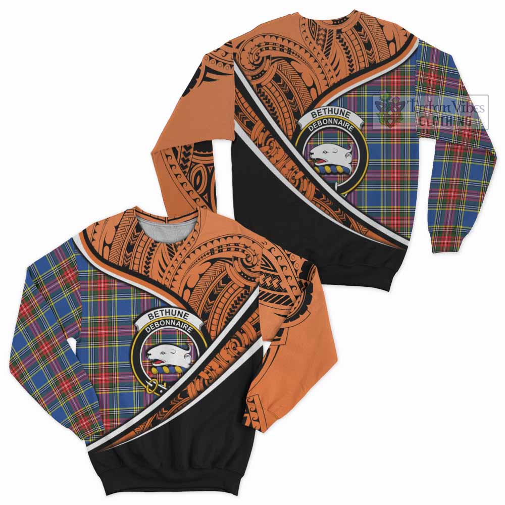 Tartan Vibes Clothing Bethune Crest Tartan Sweatshirt with Maori Tattoo Style - Orange Version