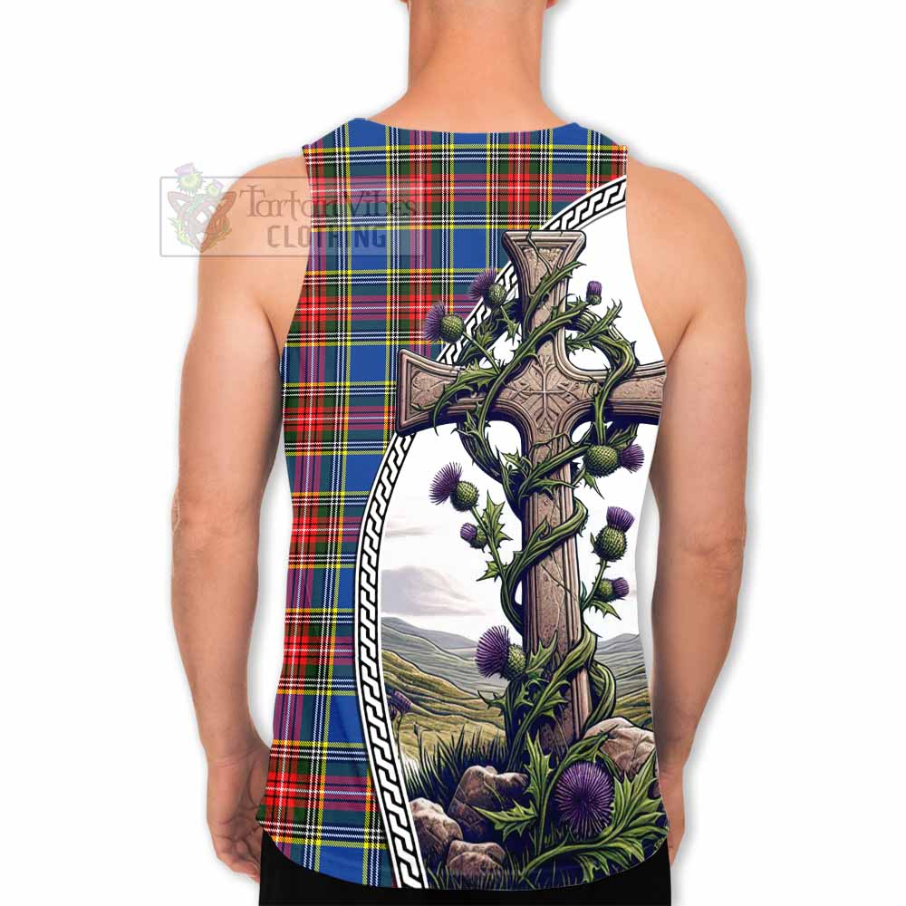 Tartan Vibes Clothing Bethune Tartan Men's Tank Top with Family Crest and St. Andrew's Cross Accented by Thistle Vines