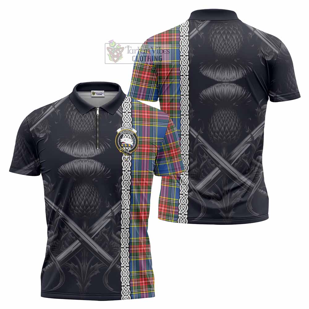 Tartan Vibes Clothing Bethune Tartan Zipper Polo Shirt with Family Crest Cross Sword Thistle Celtic Vibes