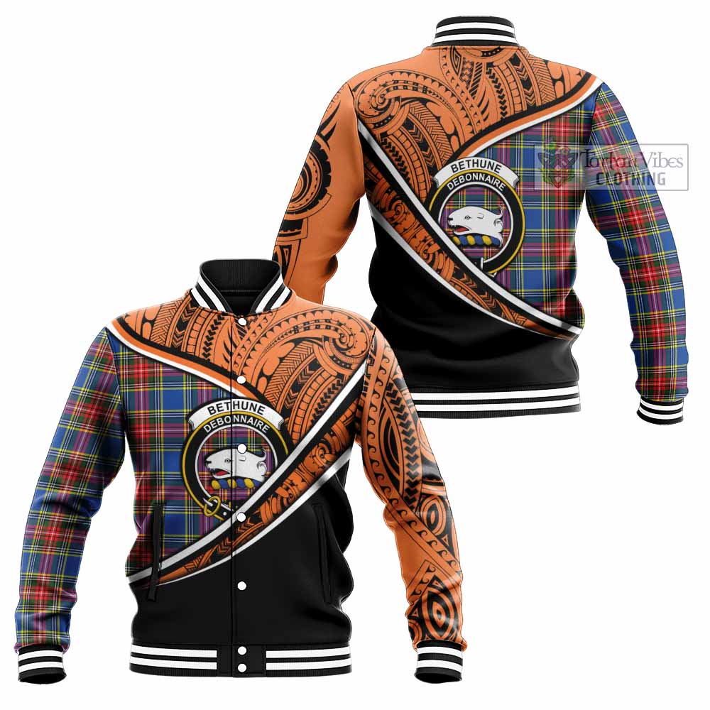 Tartan Vibes Clothing Bethune Crest Tartan Baseball Jacket with Maori Tattoo Style - Orange Version