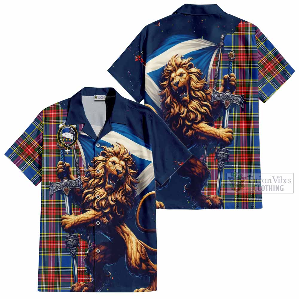 Tartan Vibes Clothing Bethune Tartan Family Crest Short Sleeve Button Shirt with Scottish Majestic Lion