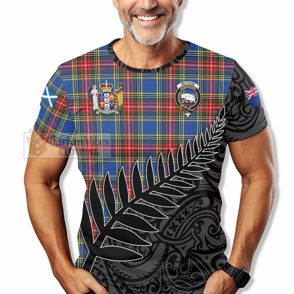 Tartan Vibes Clothing Bethune Crest Tartan T-Shirt with New Zealand Silver Fern Half Style