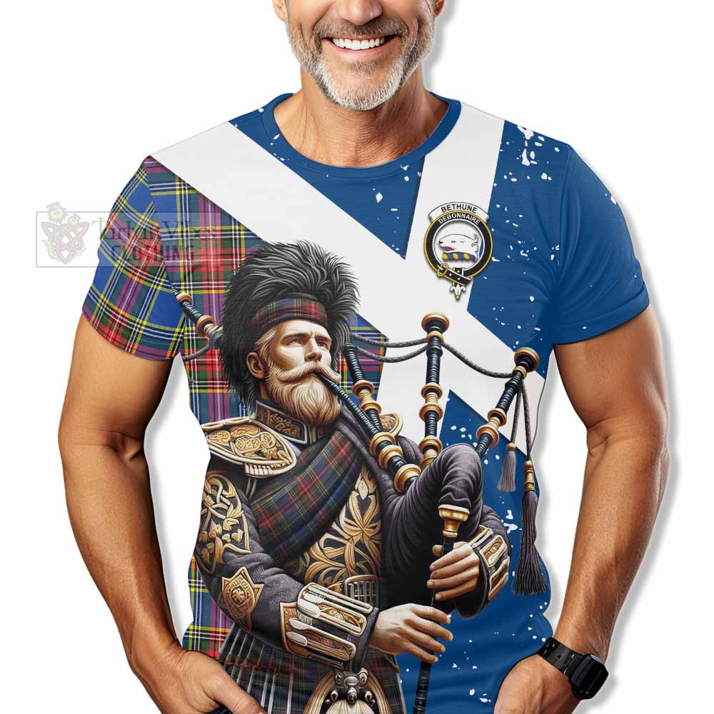 Tartan Vibes Clothing Bethune Tartan T-Shirt with Family Crest Scottish Bagpiper Vibes