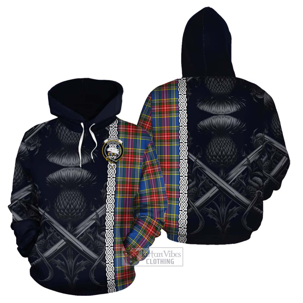 Tartan Vibes Clothing Bethune Tartan Cotton Hoodie with Family Crest Cross Sword Thistle Celtic Vibes