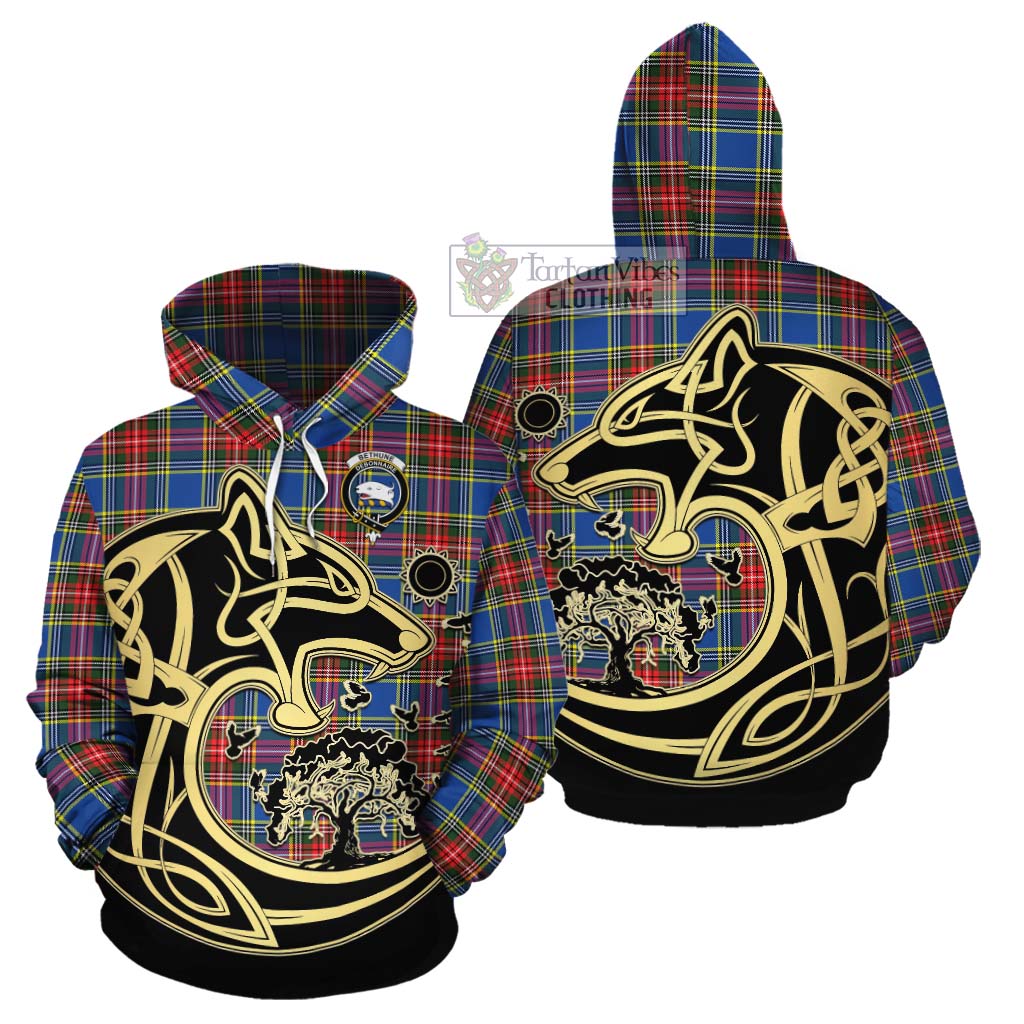 Tartan Vibes Clothing Bethune Tartan Cotton Hoodie with Family Crest Celtic Wolf Style