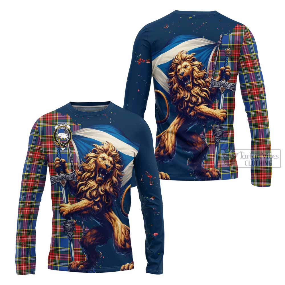 Tartan Vibes Clothing Bethune Tartan Family Crest Long Sleeve T-Shirt with Scottish Majestic Lion