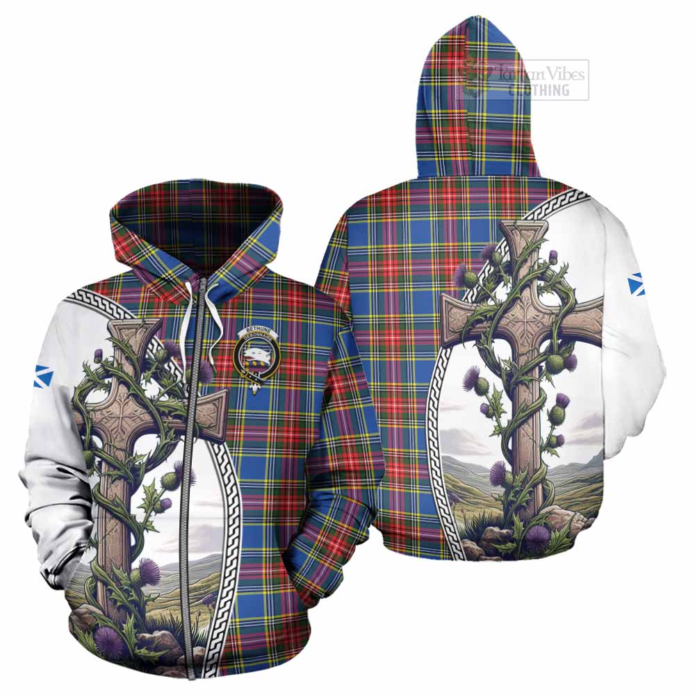 Tartan Vibes Clothing Bethune Tartan Hoodie with Family Crest and St. Andrew's Cross Accented by Thistle Vines