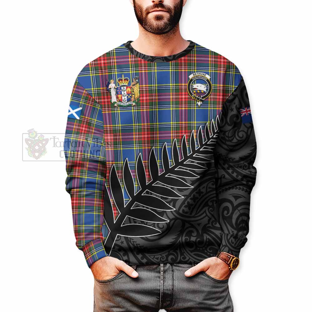 Tartan Vibes Clothing Bethune Crest Tartan Sweatshirt with New Zealand Silver Fern Half Style