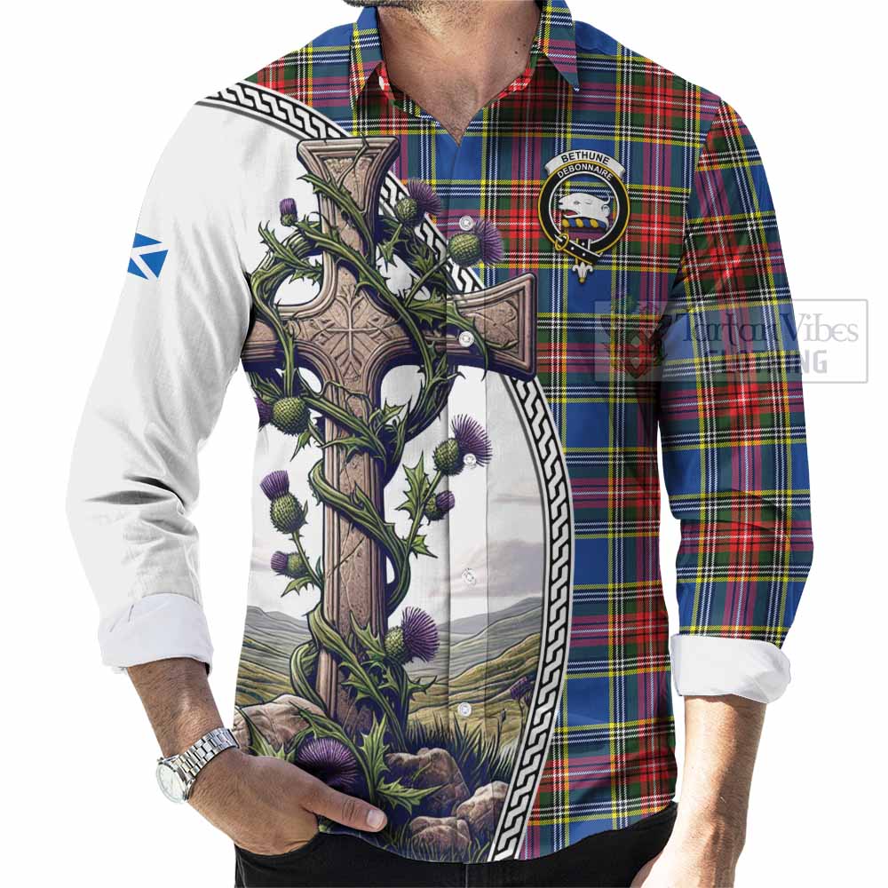 Tartan Vibes Clothing Bethune Tartan Long Sleeve Button Shirt with Family Crest and St. Andrew's Cross Accented by Thistle Vines