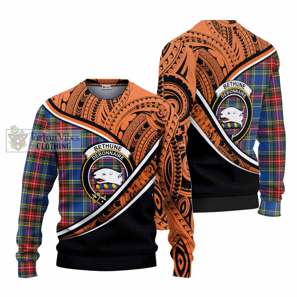 Tartan Vibes Clothing Bethune Crest Tartan Knitted Sweater with Maori Tattoo Style - Orange Version