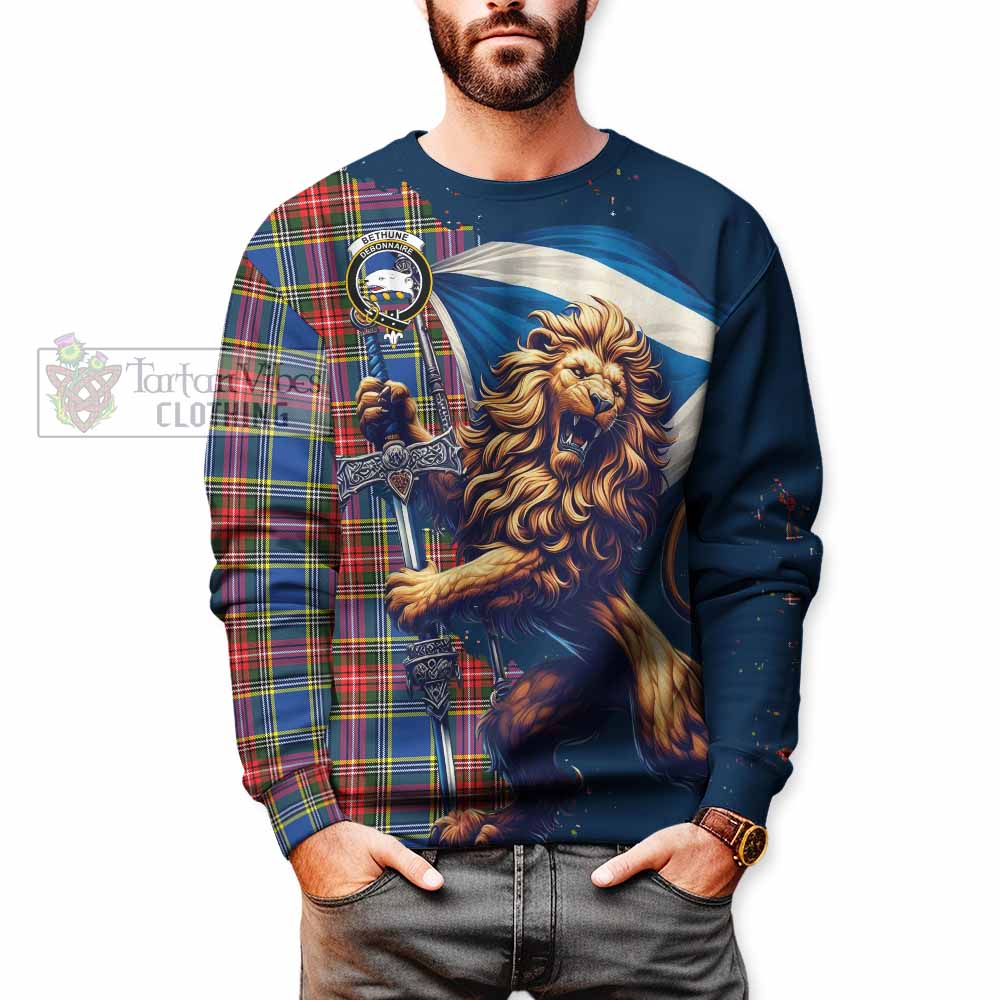 Tartan Vibes Clothing Bethune Tartan Family Crest Sweatshirt with Scottish Majestic Lion