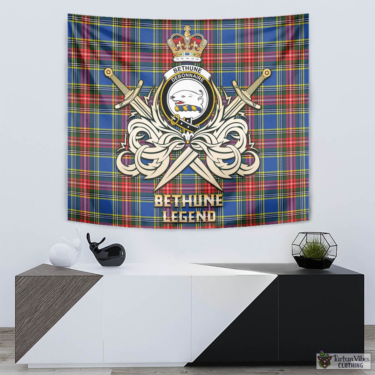 Tartan Vibes Clothing Bethune Tartan Tapestry with Clan Crest and the Golden Sword of Courageous Legacy