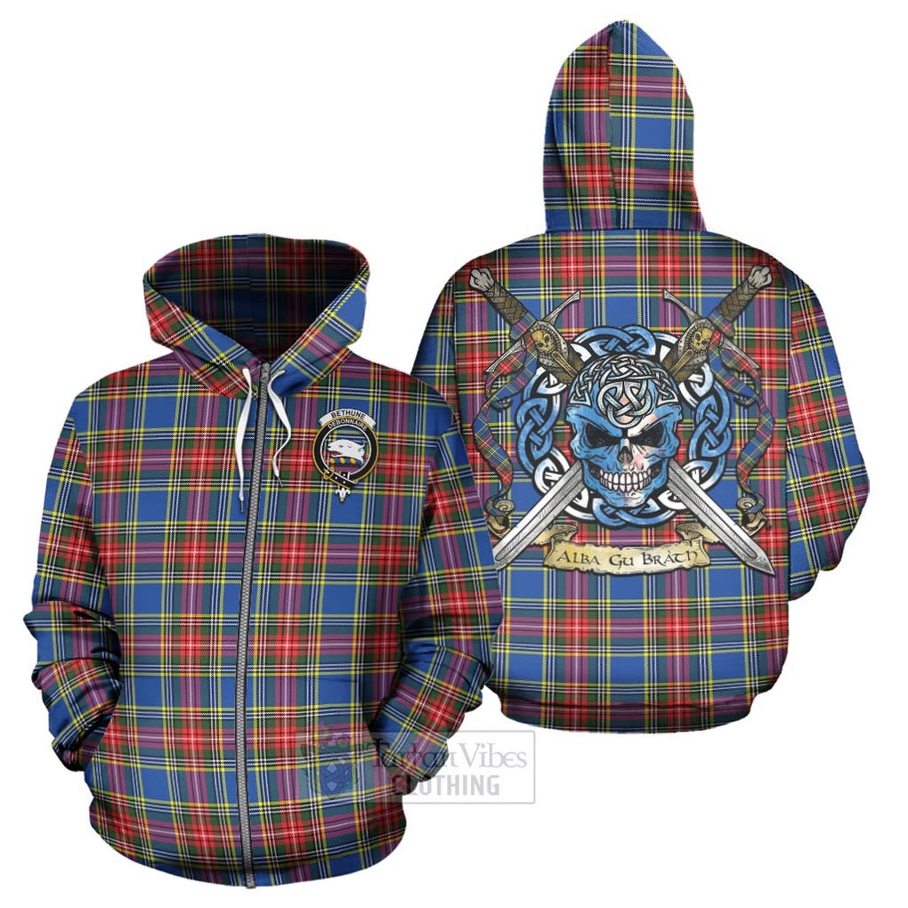 Tartan Vibes Clothing Bethune Tartan Hoodie with Family Crest Celtic Skull Style