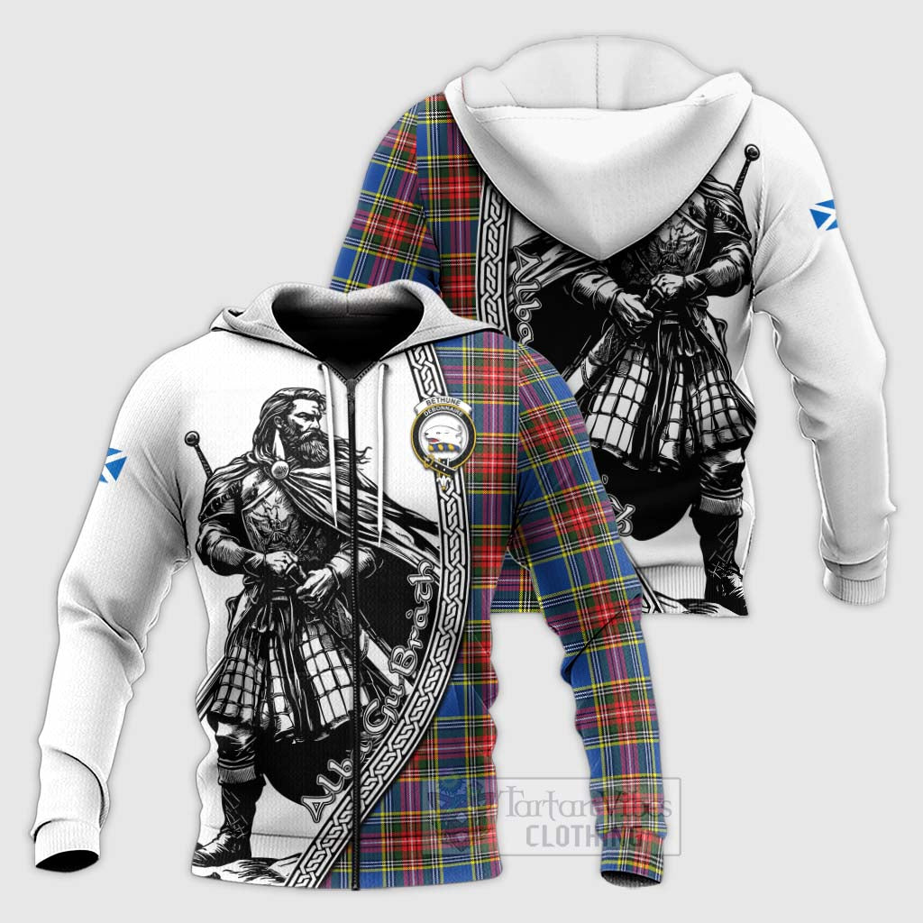 Tartan Vibes Clothing Bethune Tartan Clan Crest Knitted Hoodie with Highlander Warrior Celtic Style