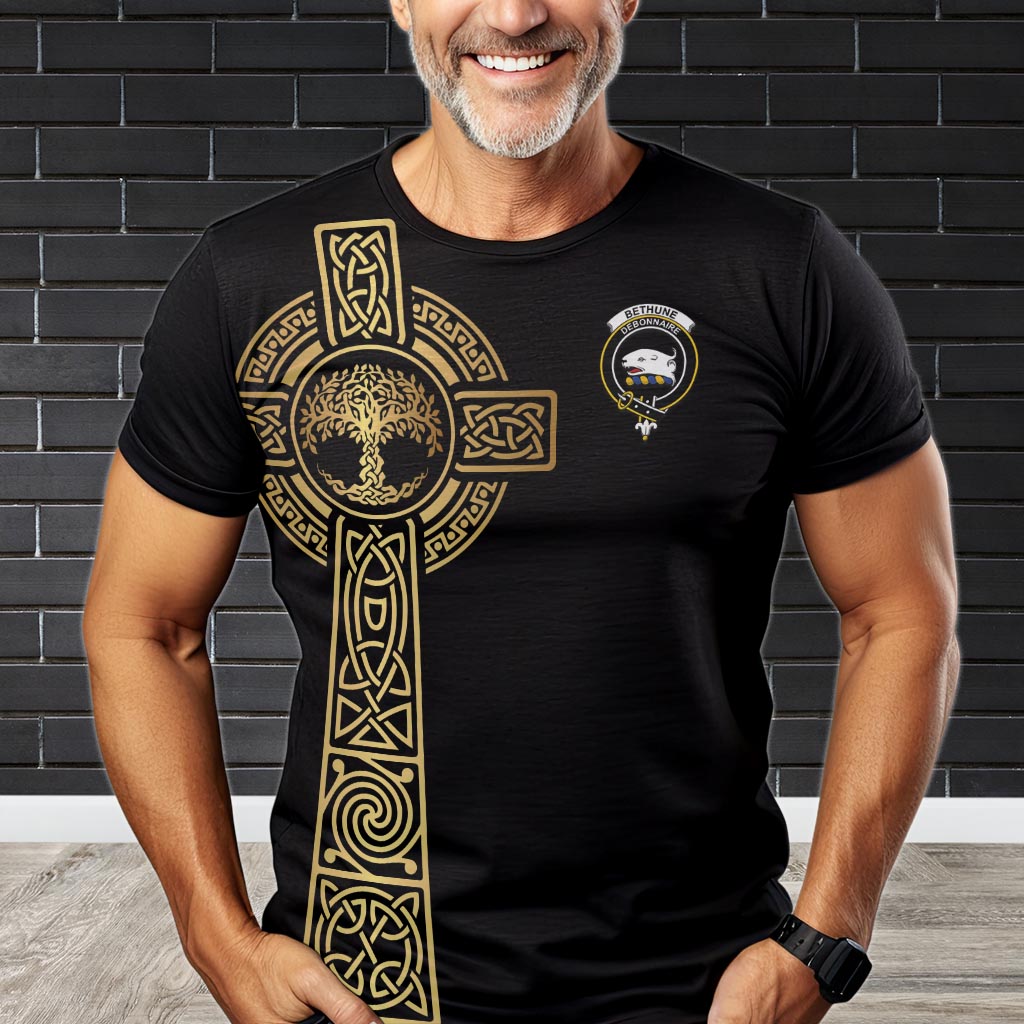 Bethune Clan Mens T-Shirt with Golden Celtic Tree Of Life - Tartanvibesclothing