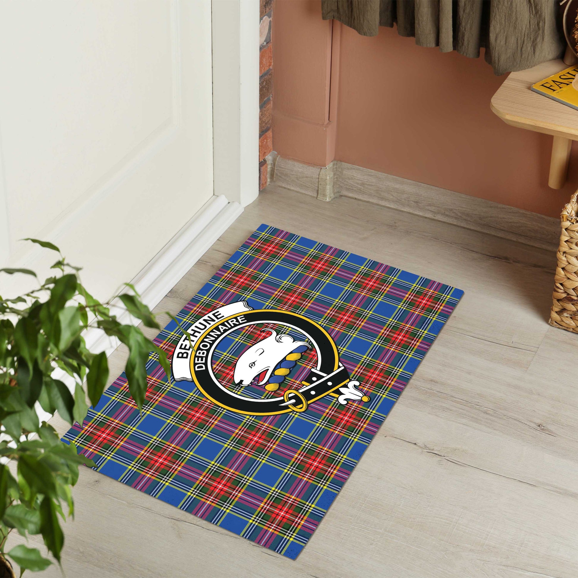 Bethune Tartan Door Mat with Family Crest - Tartanvibesclothing