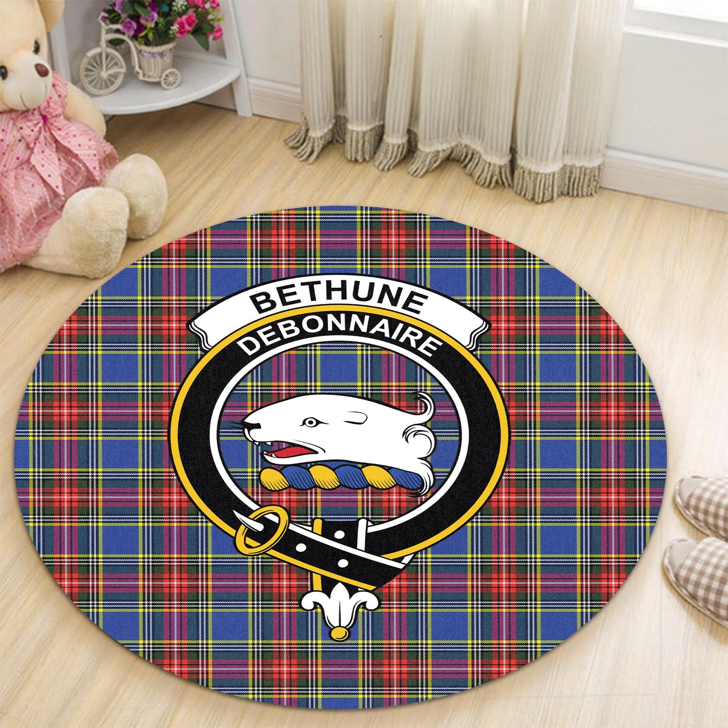 Bethune Tartan Round Rug with Family Crest - Tartanvibesclothing