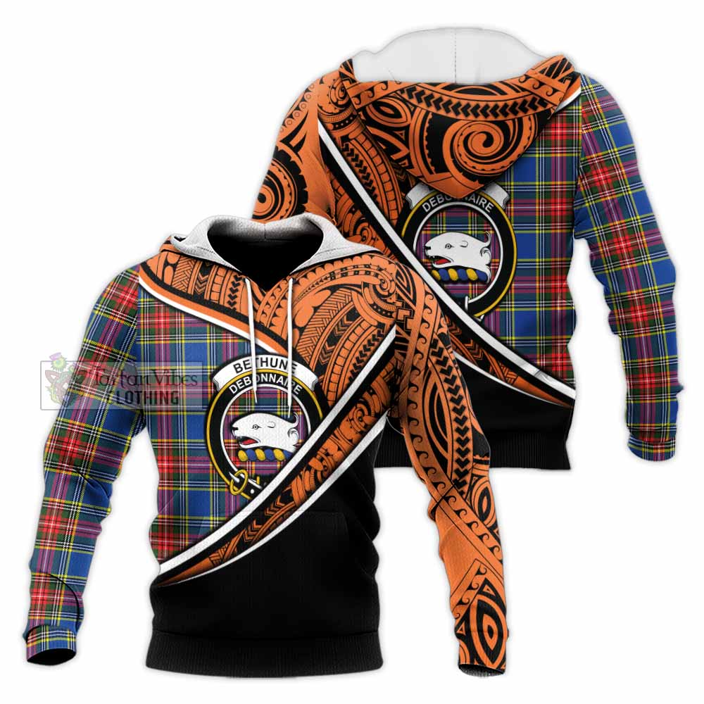 Tartan Vibes Clothing Bethune Crest Tartan Knitted Hoodie with Maori Tattoo Style - Orange Version