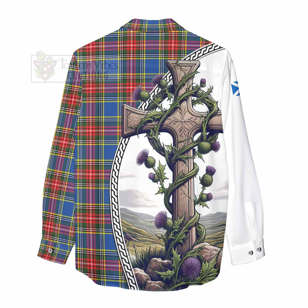 Tartan Vibes Clothing Bethune Tartan Women's Casual Shirt with Family Crest and St. Andrew's Cross Accented by Thistle Vines