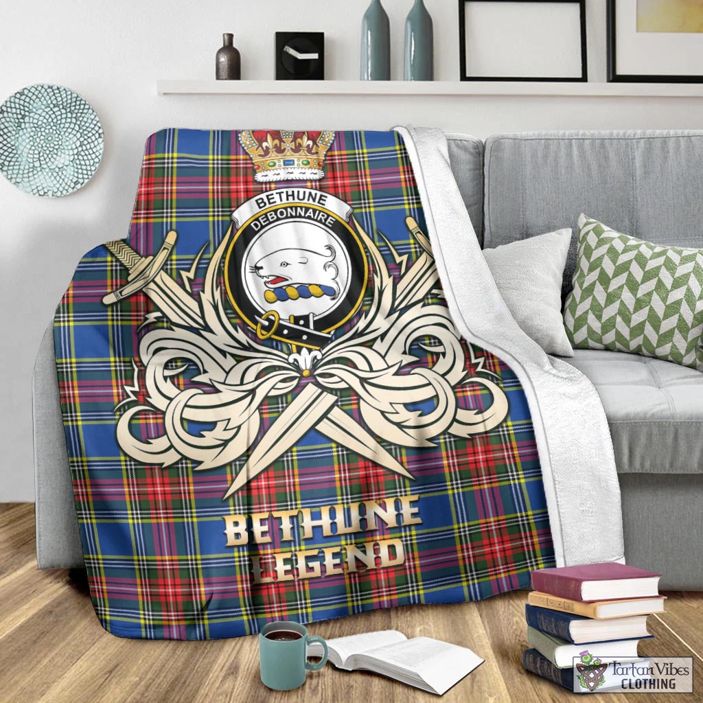 Tartan Vibes Clothing Bethune Tartan Blanket with Clan Crest and the Golden Sword of Courageous Legacy