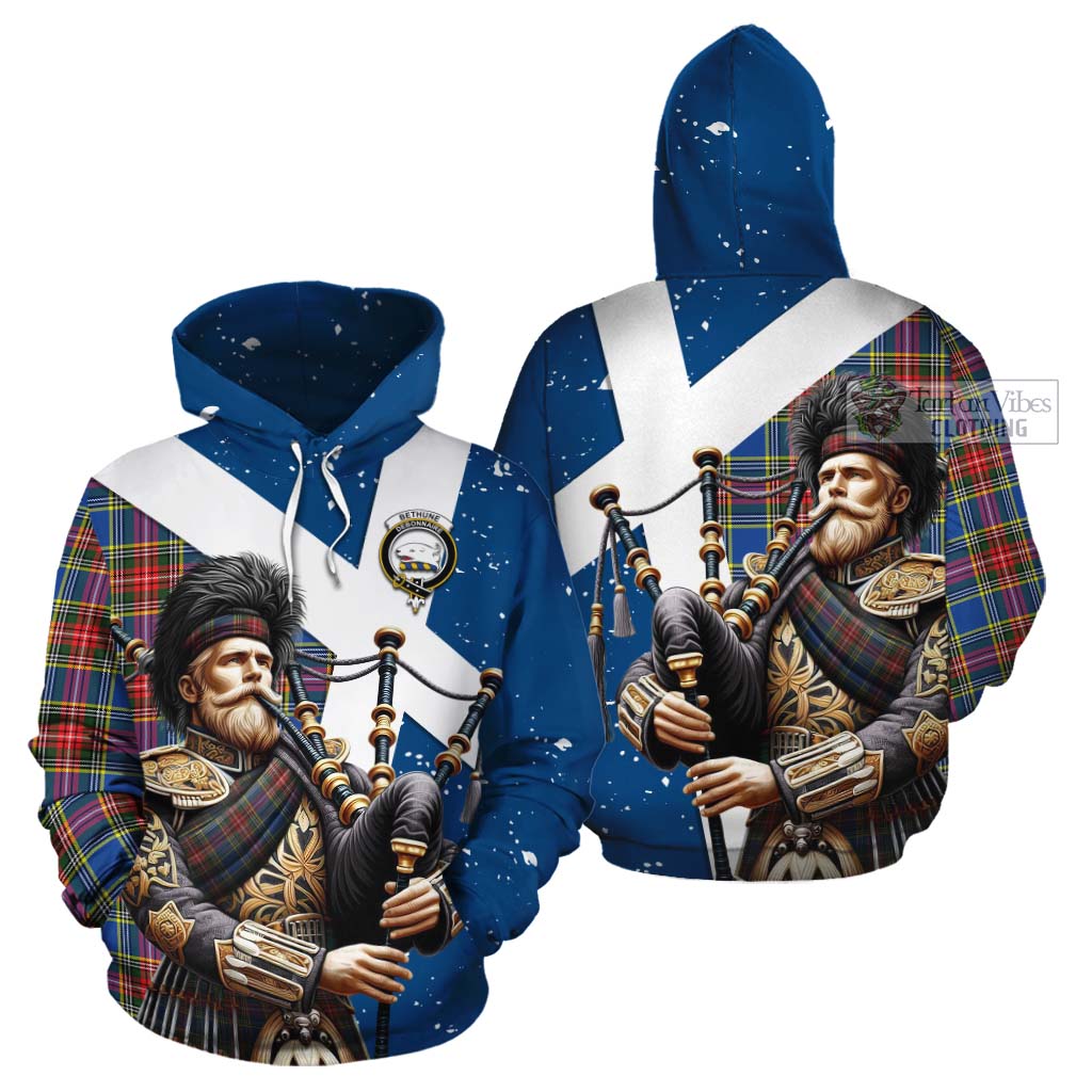 Tartan Vibes Clothing Bethune Tartan Cotton Hoodie with Family Crest Scottish Bagpiper Vibes