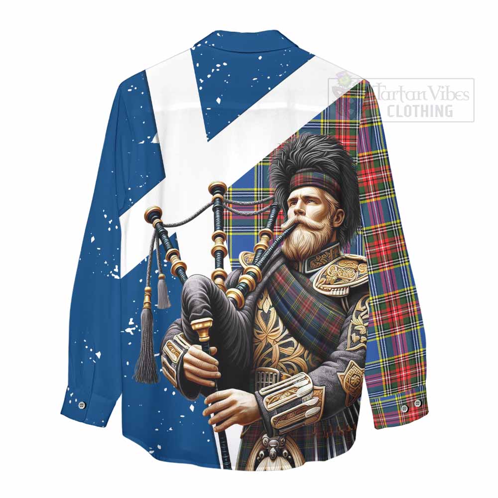 Tartan Vibes Clothing Bethune Tartan Women's Casual Shirt with Family Crest Scottish Bagpiper Vibes