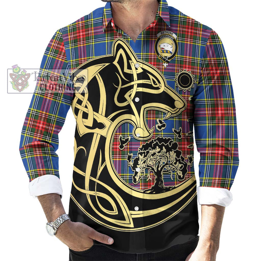 Bethune Tartan Long Sleeve Button Shirt with Family Crest Celtic Wolf Style - Tartan Vibes Clothing