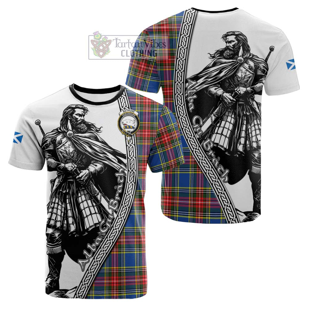 Bethune Tartan Clan Crest Cotton T-shirt with Highlander Warrior Celtic Style