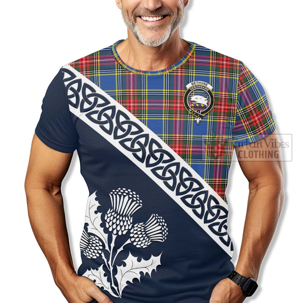 Bethune Tartan T-Shirt Featuring Thistle and Scotland Map