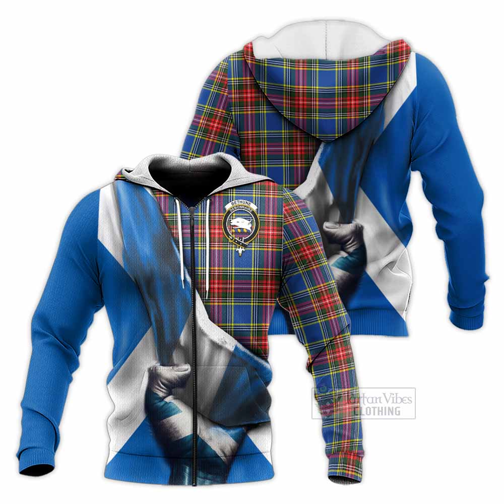 Tartan Vibes Clothing Bethune Tartan Knitted Hoodie with Family Crest Scotland Patriotic Style